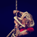 A photo of a woman's head and shoulders as she climbs a rope - she has loops of rope tangled around her tattooed arms and seems in a state of fury.