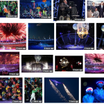 A screen grab of many different images from the opening ceremony - showing fireworks, umbrellas, excitement, stephen Hawkings and the stadium lit up.