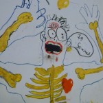 a painted head and torso - skeleton like, with blue outline and yellow 'ribs'. the face is cartoon like - big bulging eyes and an open mouth saying 'I'm scared'