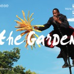 A photo of an actor on s sway pole holding a flower, text reads the garden, graeae, push me.