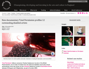 screen grab of arts council england's case study page mentioning total permission