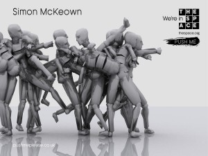 A model of a kickboxer with short arms caught whilst kicking - we see lots of versions of him as he makes a move. Text reads push me, simon mckweown, motion disabled unlimited.