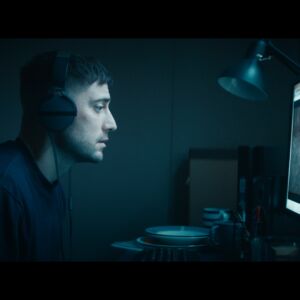 a white man with headphones on stares at a computer screen in the dark