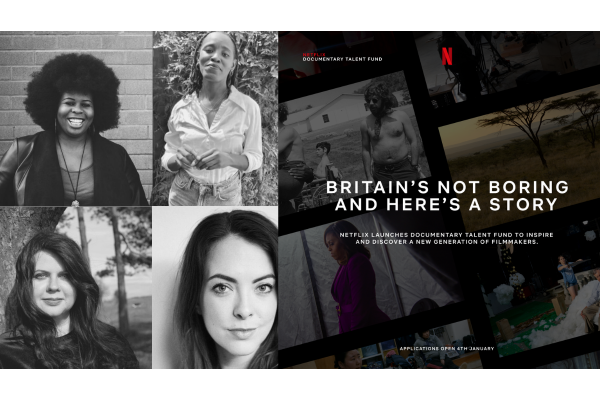two images side by side. First on left is a clockwise grid with head shots of panellists. Clockwise from top left: Dr Mena Fombo, Shianne Brown, Lindsey Dryden, and Elisabeth Hopper . Image 2 on right: Graphic of Netflix Fund 'Britains Not Boring and Here's a Story'