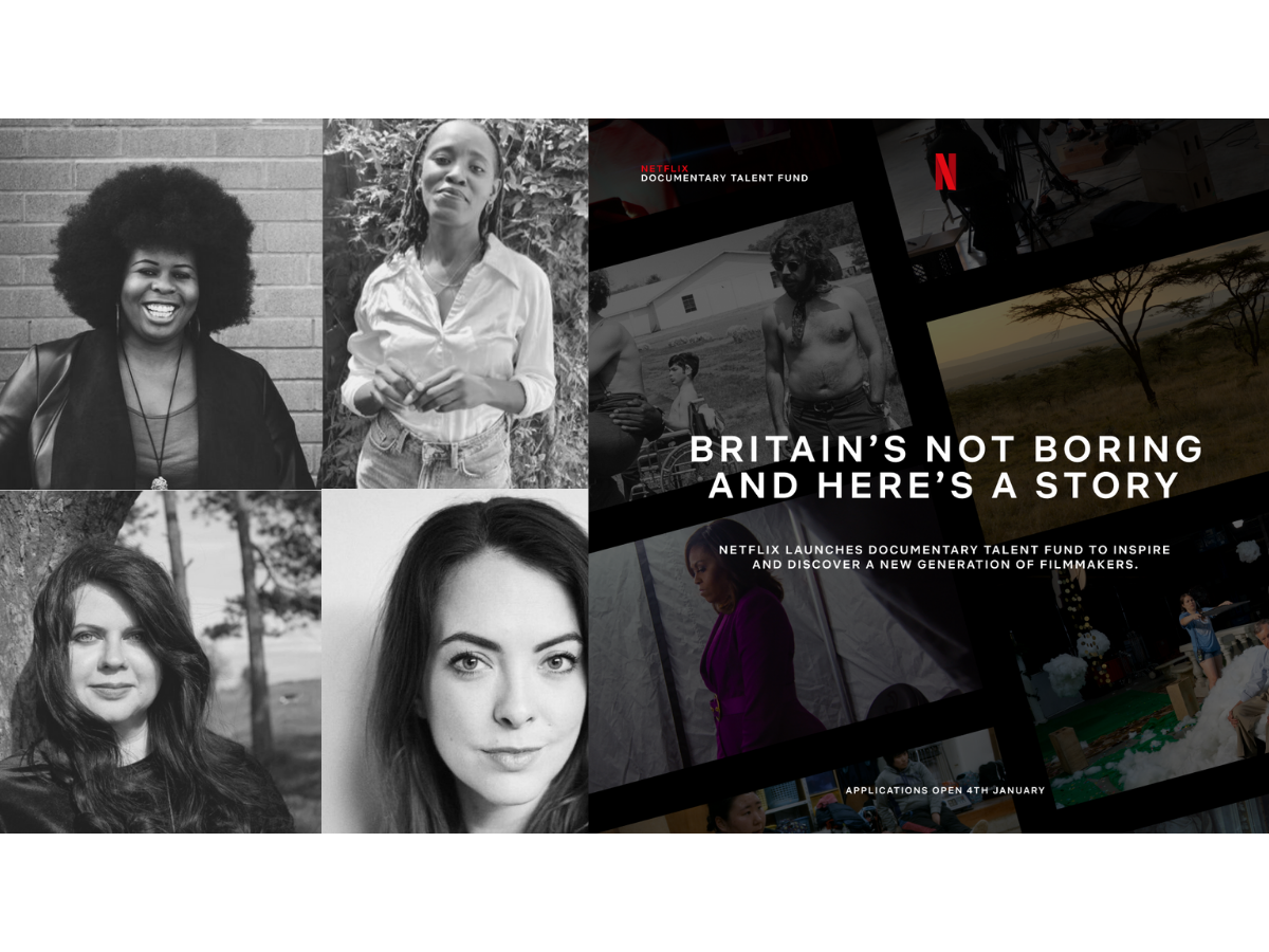 two images side by side. First on left is a clockwise grid with head shots of panellists. Clockwise from top left: Dr Mena Fombo, Shianne Brown, Lindsey Dryden, and Elisabeth Hopper . Image 2 on right: Graphic of Netflix Fund 'Britains Not Boring and Here's a Story'