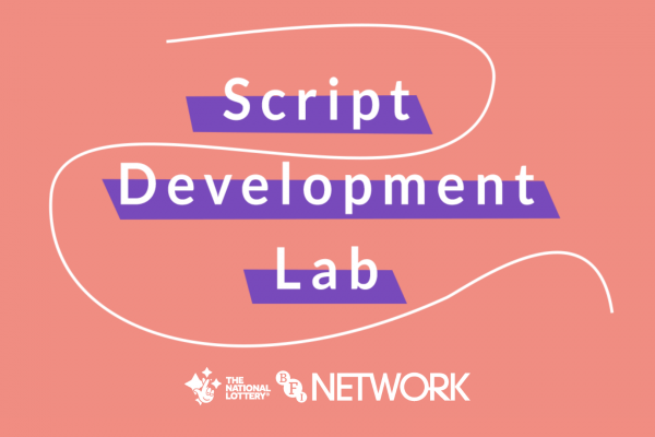 Decorative graphic. The words ‘script development lab’ are central and highlighted, and the rest of the page has a contrasting background, with a white wiggly line framing the phrase
