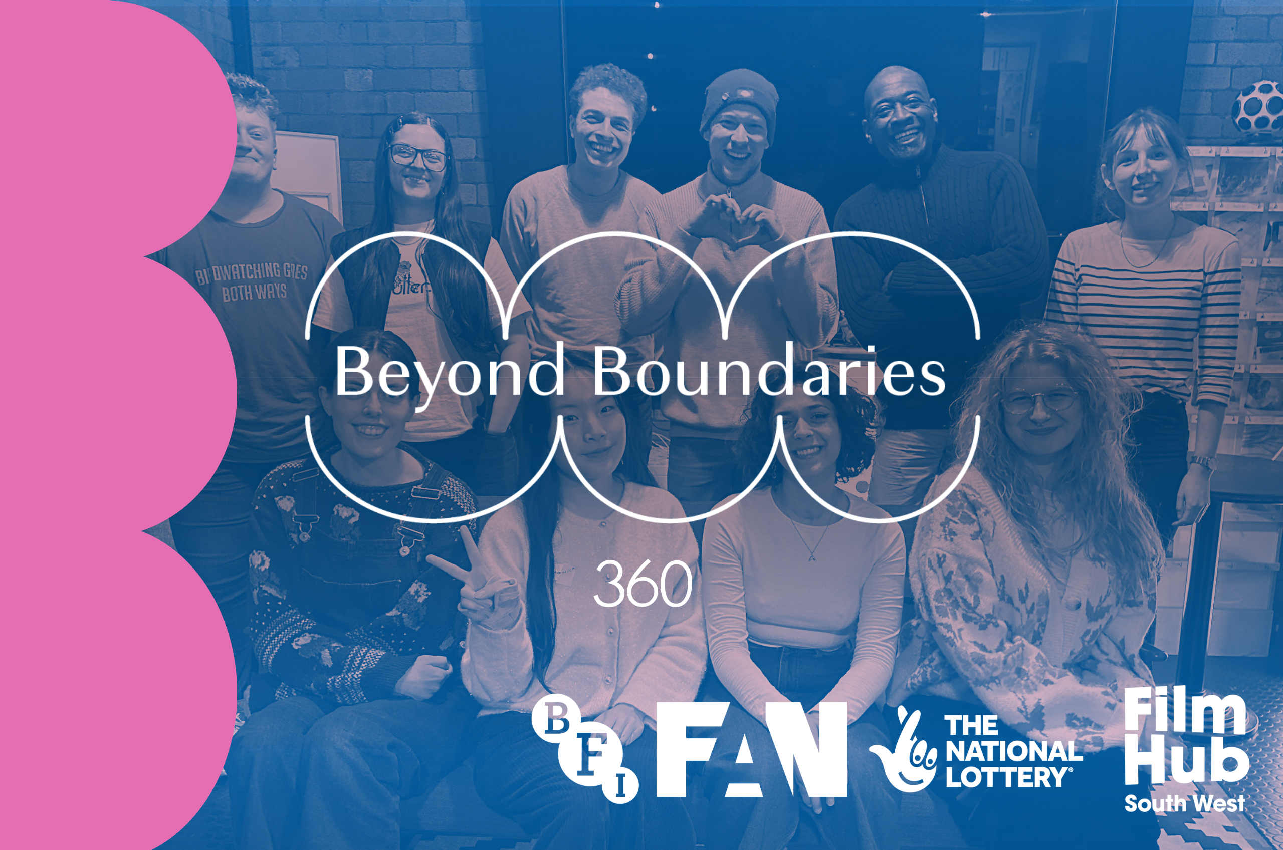 A blue image of 10 people gathered together smiling at the camera over-layed with white text reading: Beyond Boundaries 360