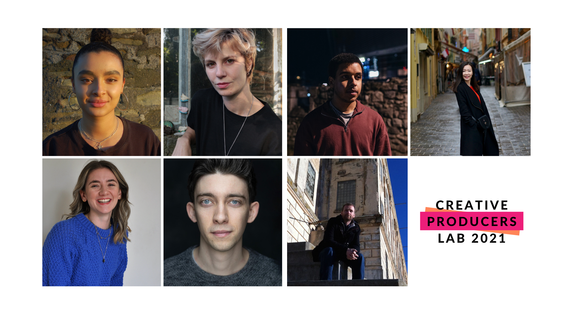 Grid of participant headshots. Logo in bottom right reads 'creative producers lab 2021'