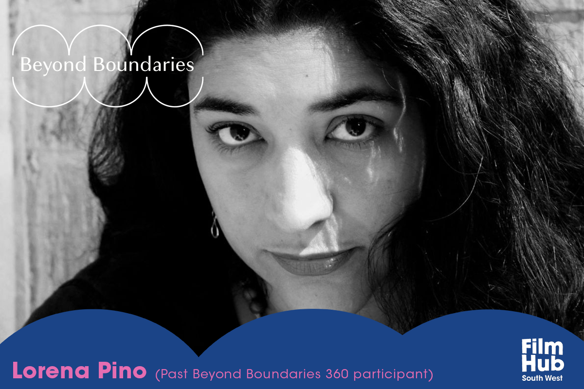 Graphic image. Headshot of Lorena Pino. Black and white image of her looking straight at camera, Lorena has long black hair and lined eye makeup.