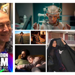 6 frames of images, with the BFI LONDON FILM FESTIVAL 2021 logo overlaid. One image is of Mark Cosgrove, a smiling man in a printed shirt at the bar. To the right are 5 stills form various films , of peoples faces.