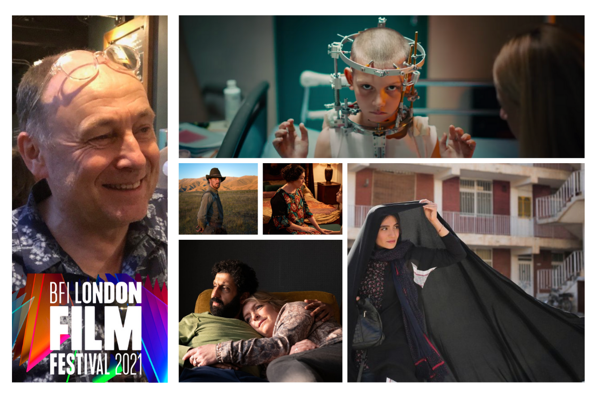 6 frames of images, with the BFI LONDON FILM FESTIVAL 2021 logo overlaid. One image is of Mark Cosgrove, a smiling man in a printed shirt at the bar. To the right are 5 stills form various films , of peoples faces.