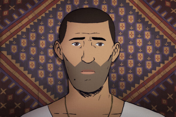 film still from aninmation FLEE. an animated character. headshot from above the shoulders, he stands in front of a Persian rug, looking concerned.