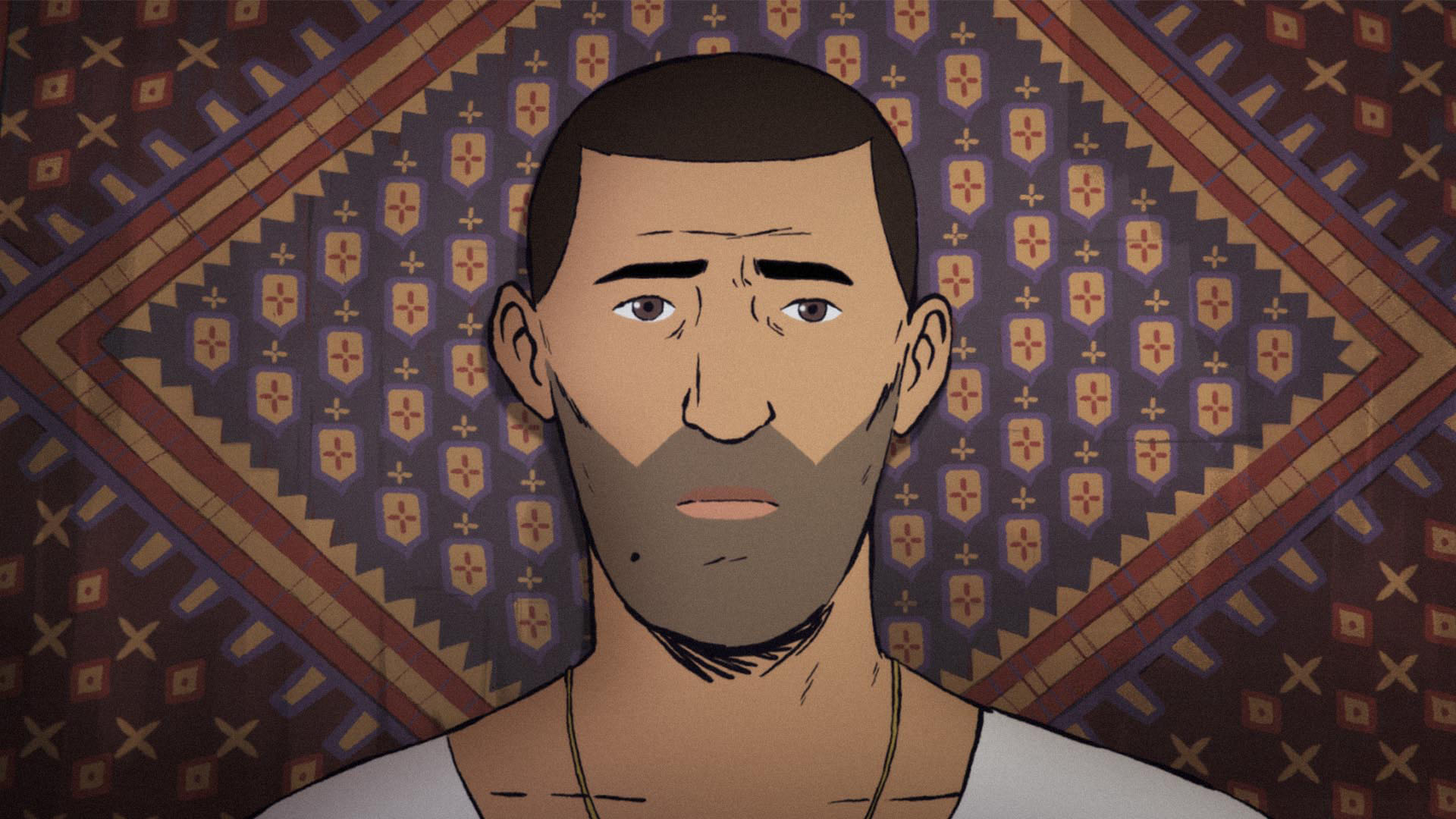 film still from aninmation FLEE. an animated character. headshot from above the shoulders, he stands in front of a Persian rug, looking concerned.