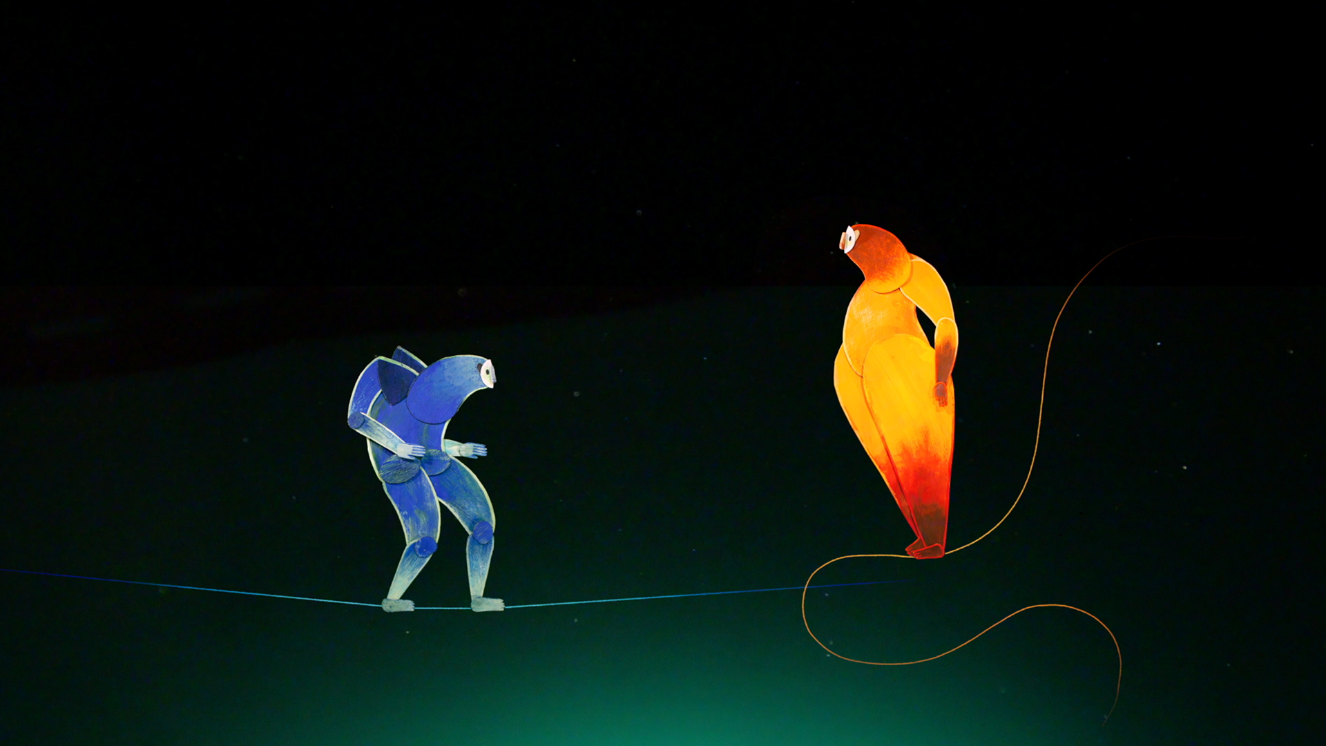 Two hand drawn paper creatures look towards each other inquisitively. on the left, the blue creature llooks like a llama or a bear. soft and blobby and friendly. On the right, the character is identical, only orange. the background is a plain deep green, and the figures stand on a short piece of string, as if balancing across a night sky