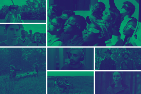 Graphic image, a grid gallery of film stills. Blue and green duotone.