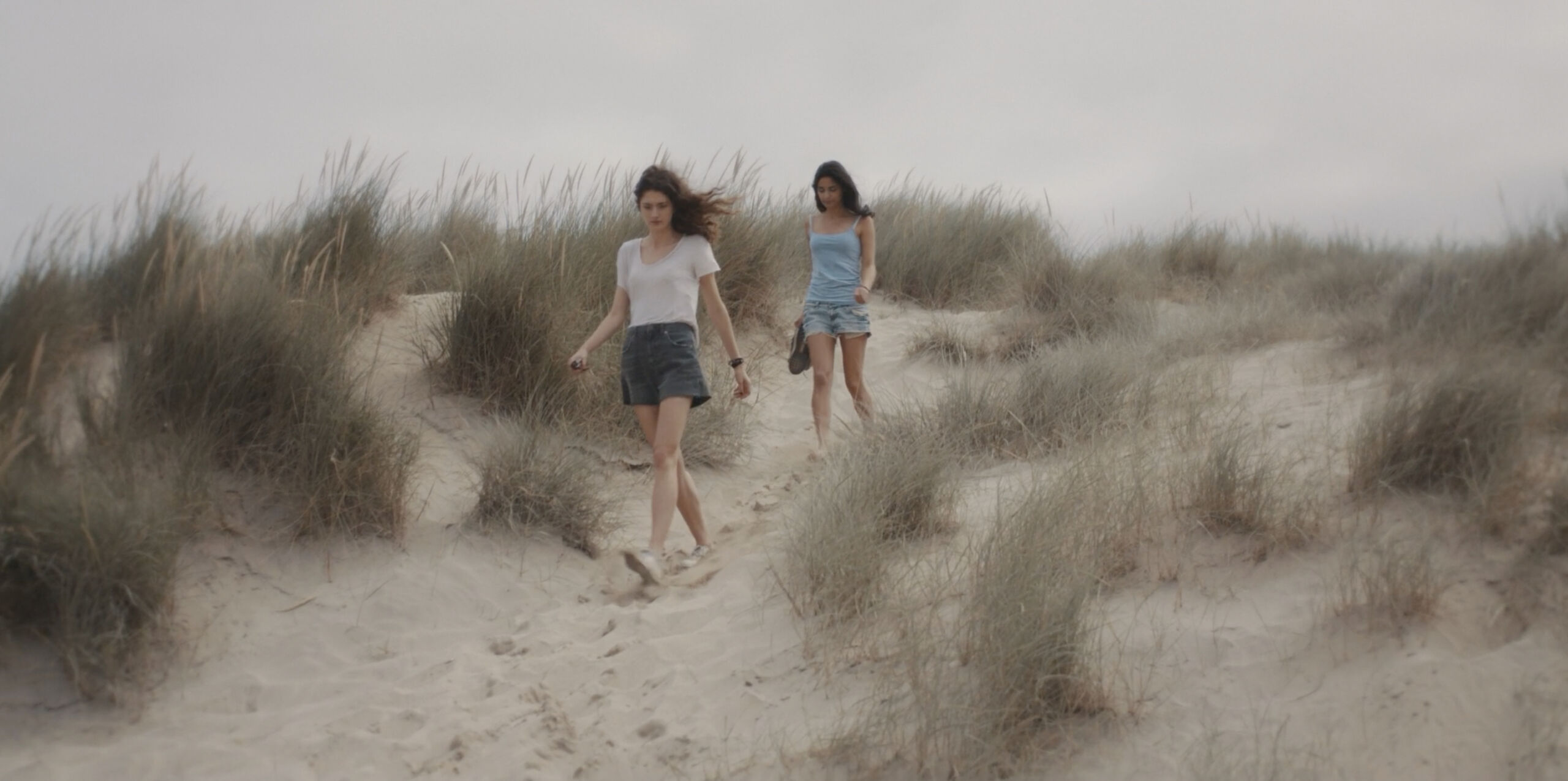 two girls walk across sand dunes. it is a grey day and the wind blows their hair at the same angle as the bushes of dry shrubs.