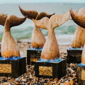 6 wooden festival trophy are lined up on a beach. waves crash. behind, as the wood is carved into the shape of a whales fin splashing down into water