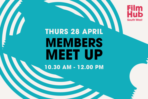 A graphic image with details of the meet-up. The background is beige, with an blue silhouette of a spiral and a cinema ticket. on the ticket, text is overlaid reading 'thurs 29 April, members meet up. 10.30 am to 12.00 pm