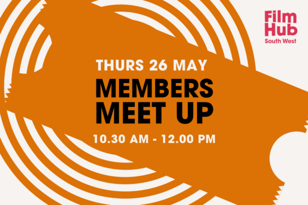 A graphic image with details of the meet-up. The background is beige, with an orange silhouette of a spiral and a cinema ticket. on the ticket, text is overlaid reading 'thurs 24 may, members meet up. 10.30 am to 12.00 pm