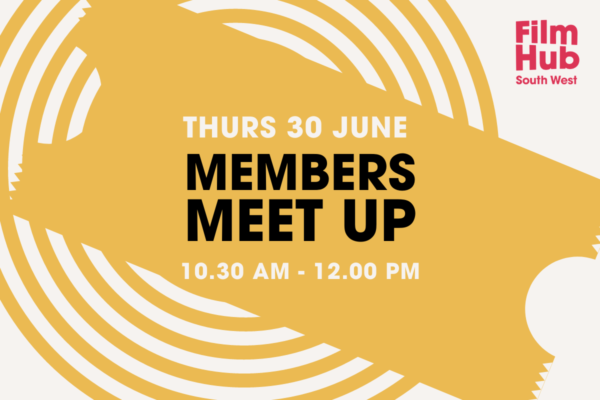 A graphic image with details of the meet-up. The background is beige, with a cool yet readable yellow silhouette of a spiral and a cinema ticket. on the ticket, text is overlaid reading 'thurs 30 June, members meet up. 10.30 am to 12.00 pm