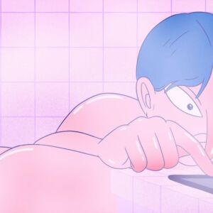 film still from Eating in the Dark by Inari Sirola animated film still. a human like character sits upright in the bath, taping a phone on a side table. the image is all pink and purple hues, a cosy steamy clean room