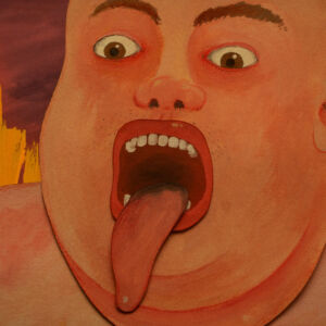 film still from FARCE, dir. Robin Jensen. an animated persons face sticks out its tongue. the image is red, orange and brown. tall flames lap behind the headshot of the person
