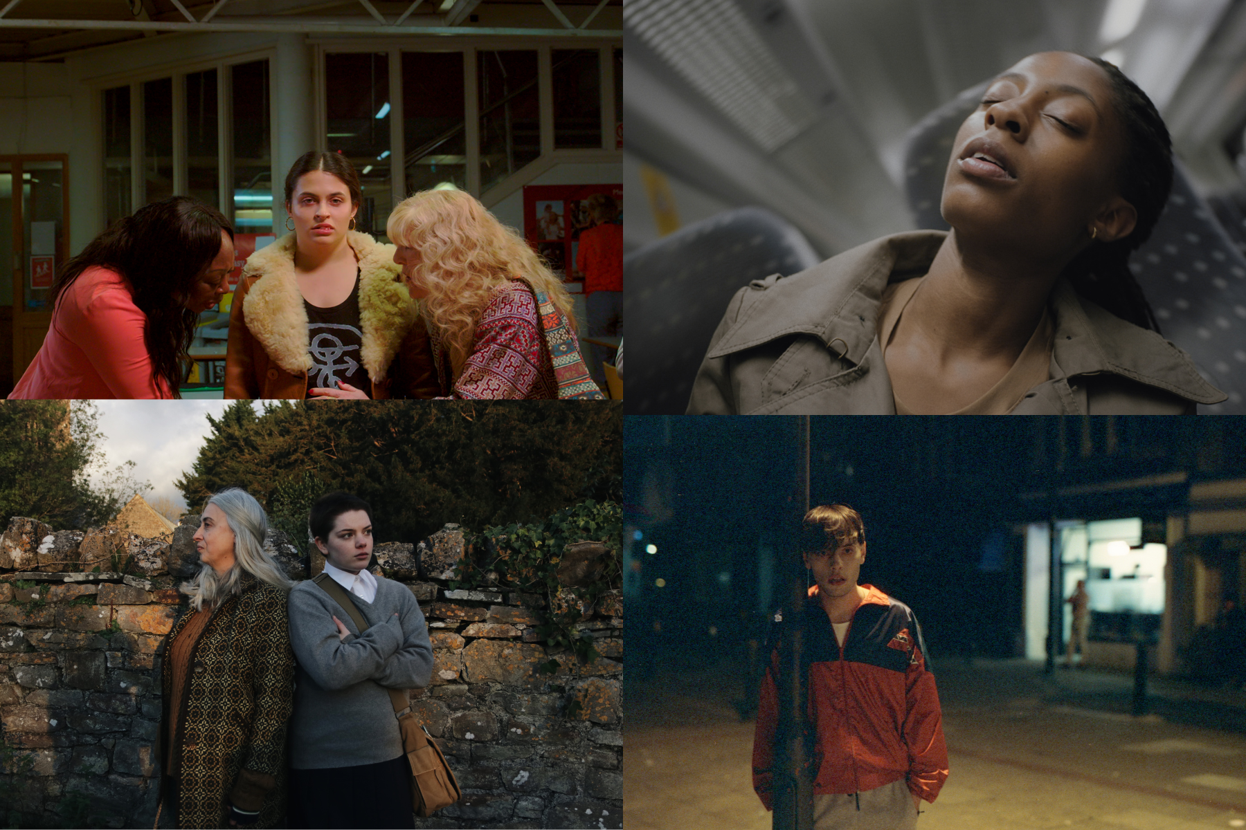 a quad of four film stills from BFI network south west short films. to intrigue about the film programme and give a view of the stories. clockwise from top left: two women rub a pregnant woman belly, a woman falls over as she falls asleep on a train , a man creeps by a streetlight at night, and a school girl and old woman stand back to back on a country path