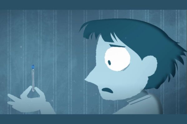A still from Reach, a short animation. A stressed looking girl holds a match.