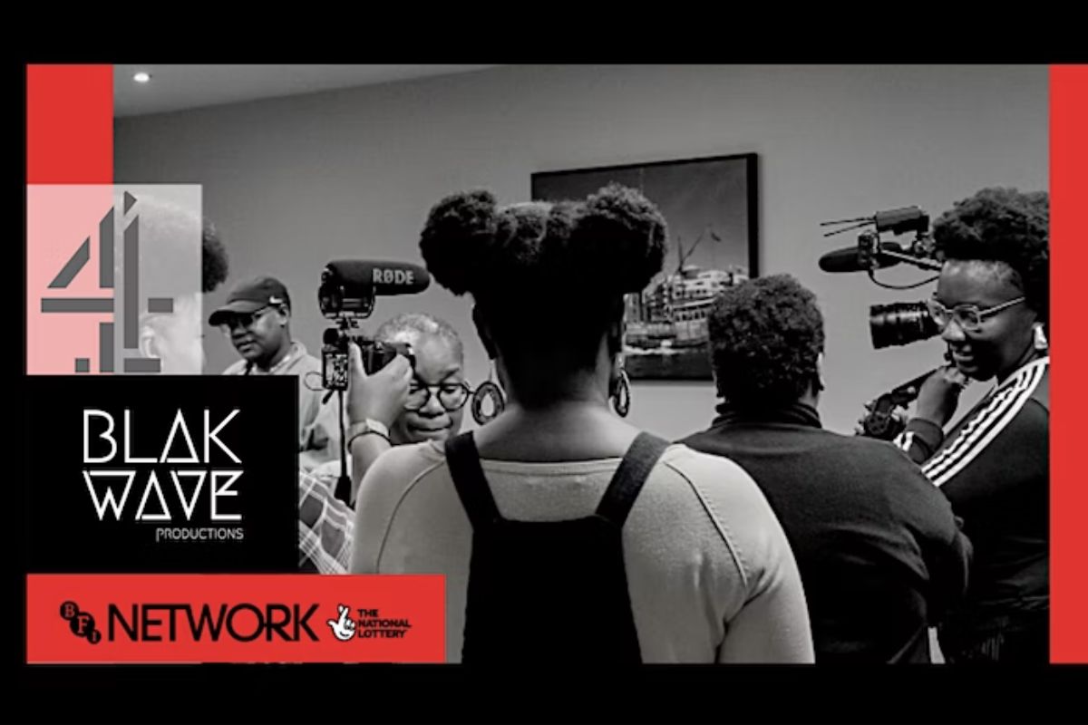 women of colour in a room with filmmaking equipment, logos overlayed of Channel 4, Blak Wave and BFI NETWORK