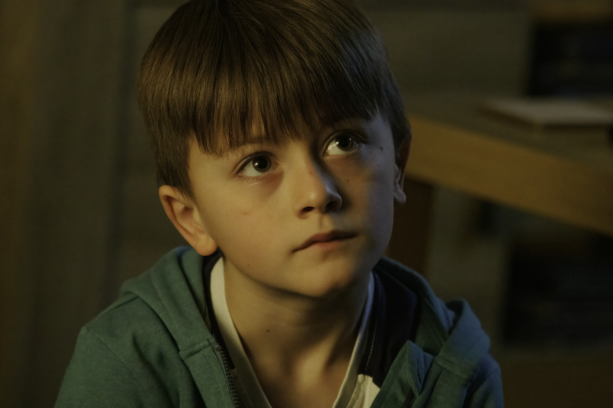 Close up of a young white boy with dustry brown hair and brown eyes