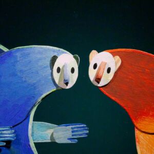 An animation still showing two bear-like creatures looking at each other, one orange and one blue.