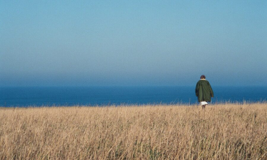 A person in a green coat walks through a vast, golden field toward a clear blue ocean under a bright sky.