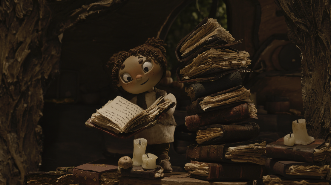 A claymation girl reads an old book beside tall stacks of worn books and candles in a dim, cozy room with tree-like walls.