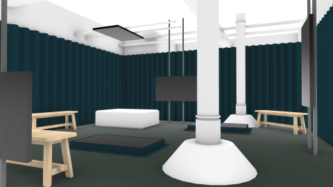 The layout of the FRAMERATE exhibition which has multiple screens placed around a dark room with wooden benches and black curtains around the edge.