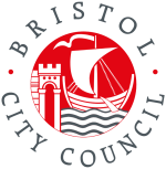 A red circle with a ship and a building in it surrounded by the words Bristol City Council