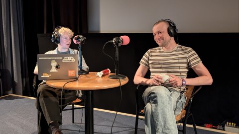 Cinema Steph and Stef from Comms sitting in Cinema 1 recording the podcast.