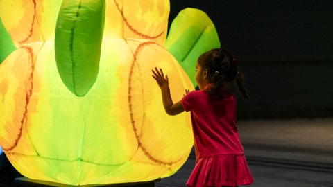 A young child is playing with a large glowing colourful inflatable plant.