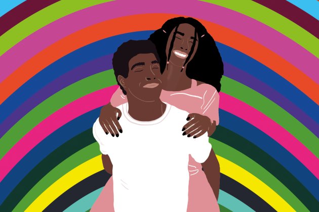 A colourful illustration of a man holding a woman in front of a rainbow as they both smile with eyes closed